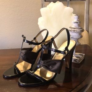 TAHARI satin & leather strap heels